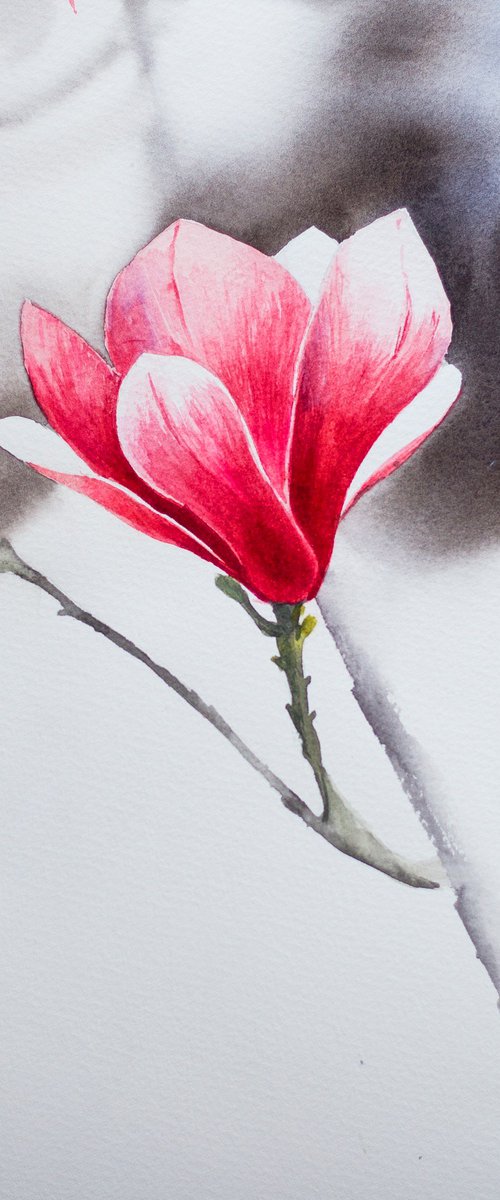 Magnolia in bloom 1. Simple and minimalistic small size floral painting by Sasha Romm