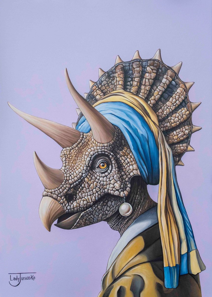Illustrative Animal Acrylic Painting By Lady Jurassika, 20 X 28", Triceratopearl, Original Artwork