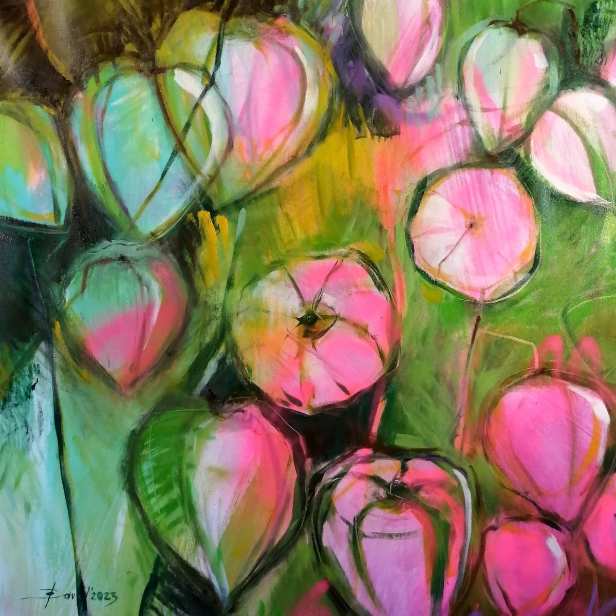 Impressionistic Botanical Oil Painting By Olga David, 31 X 31", Alkekengi Oil Painting, Original Artwork