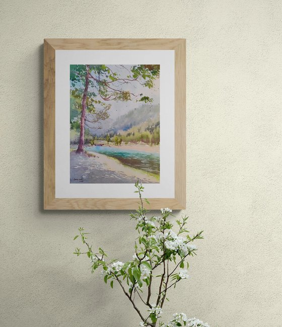 Lake Jasna, Slovenia Original watercolor painting (2023), Mountains lake art