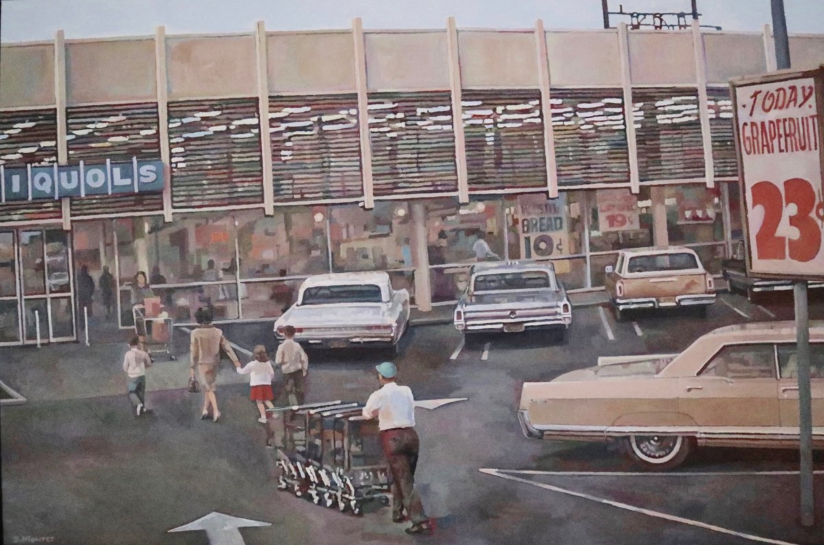 Urban And Pop Cityscapes Oil Painting By Benoit Montet, 50 X 35, Niquols Supermarket, Original Artwork