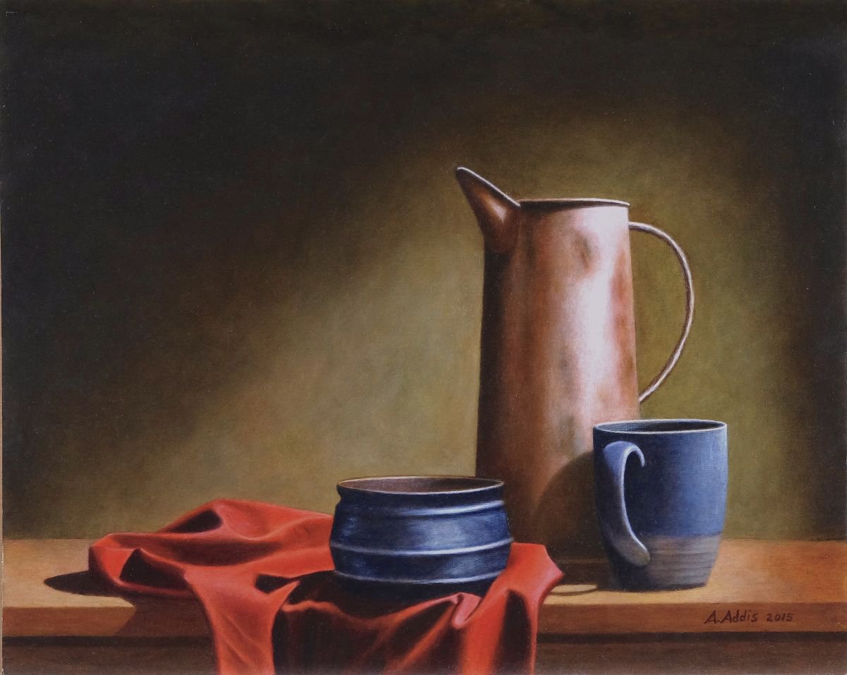 Still Life with copper jug and red cloth Artfinder