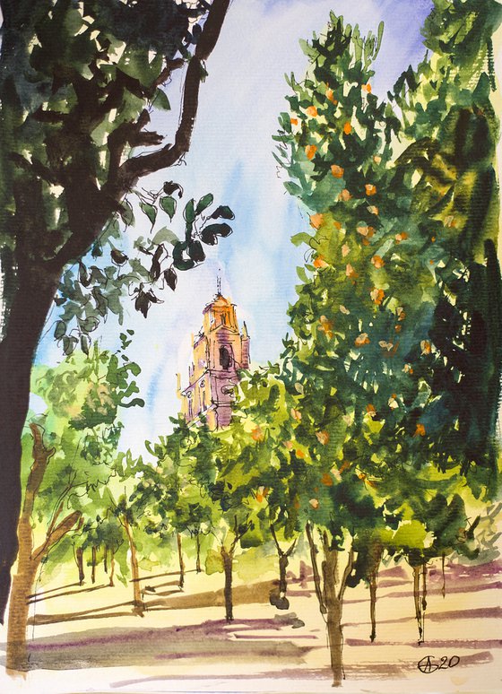 Cordoba Cathedral. Street sketch. Small original sketch impressionistic home interior decor gift colorful urban nature green