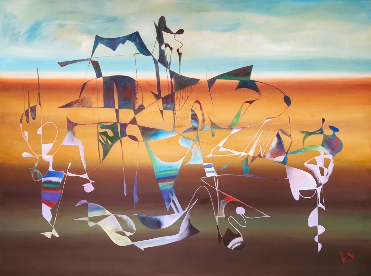 Surrealistic Landscape Oil Painting By Dina Volkova, 48 X 36, The Feeling Of The Road, Original Artwork