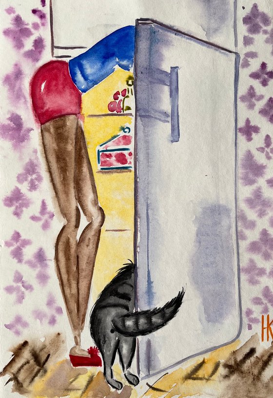 Woman Painting Cat Original Art Girl Watercolor Animal Artwork 8 by 12 inches