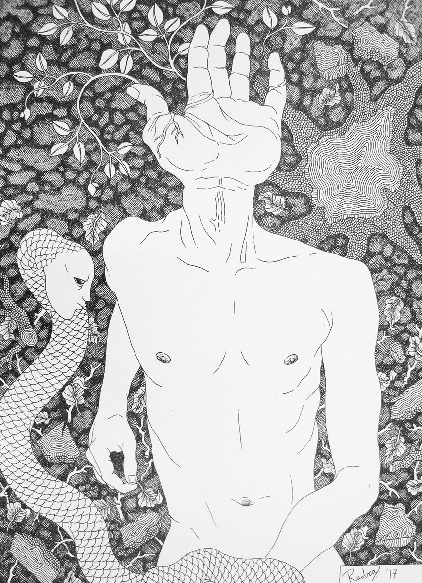 Surrealistic Portrait Ink Drawing By Rudra Kishore Mandal, 12 X 16", Panchamahabhoota 1 - Kshiti, Original Artwork