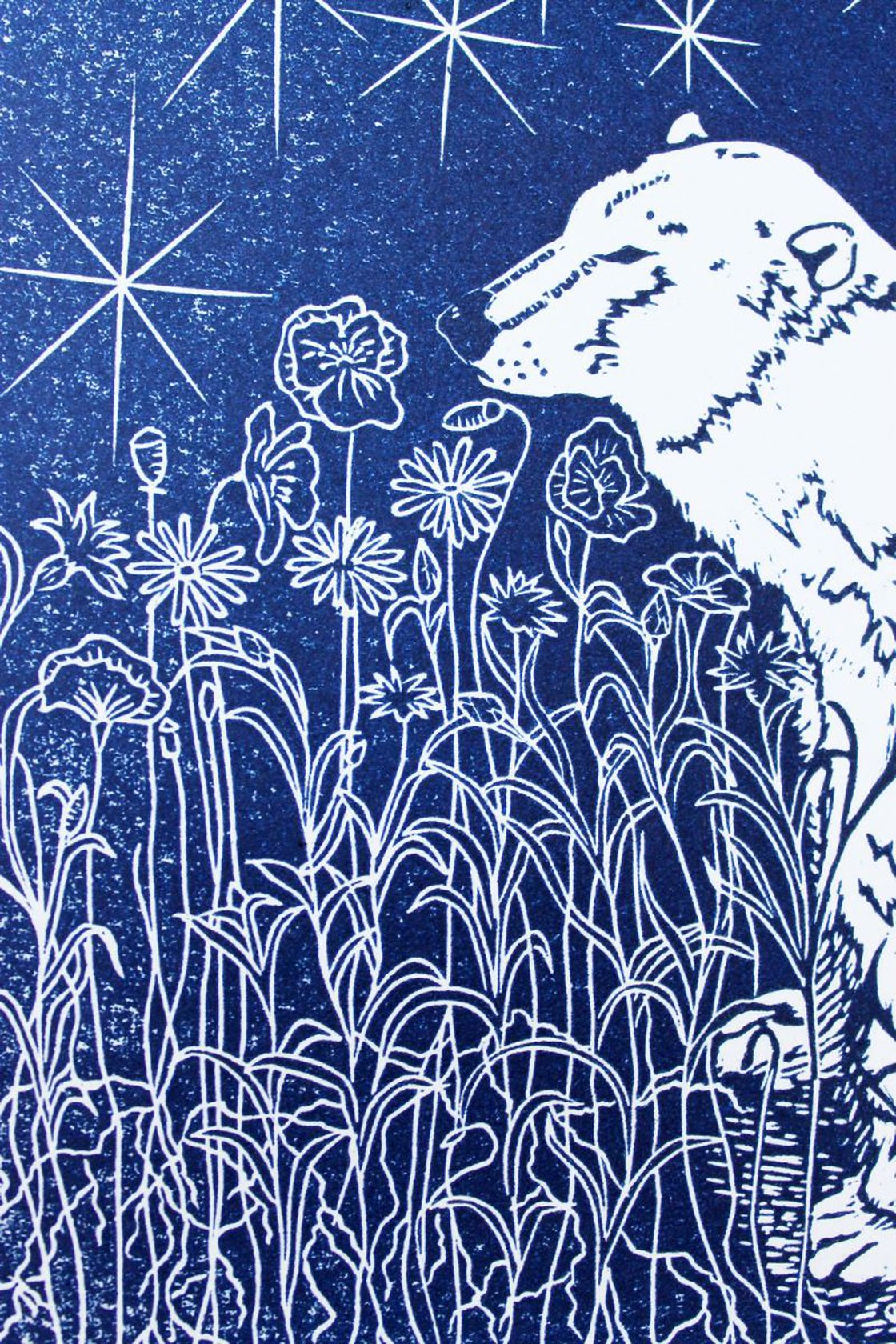 Polar Bear and wildflower field Linocut by Cally Conway