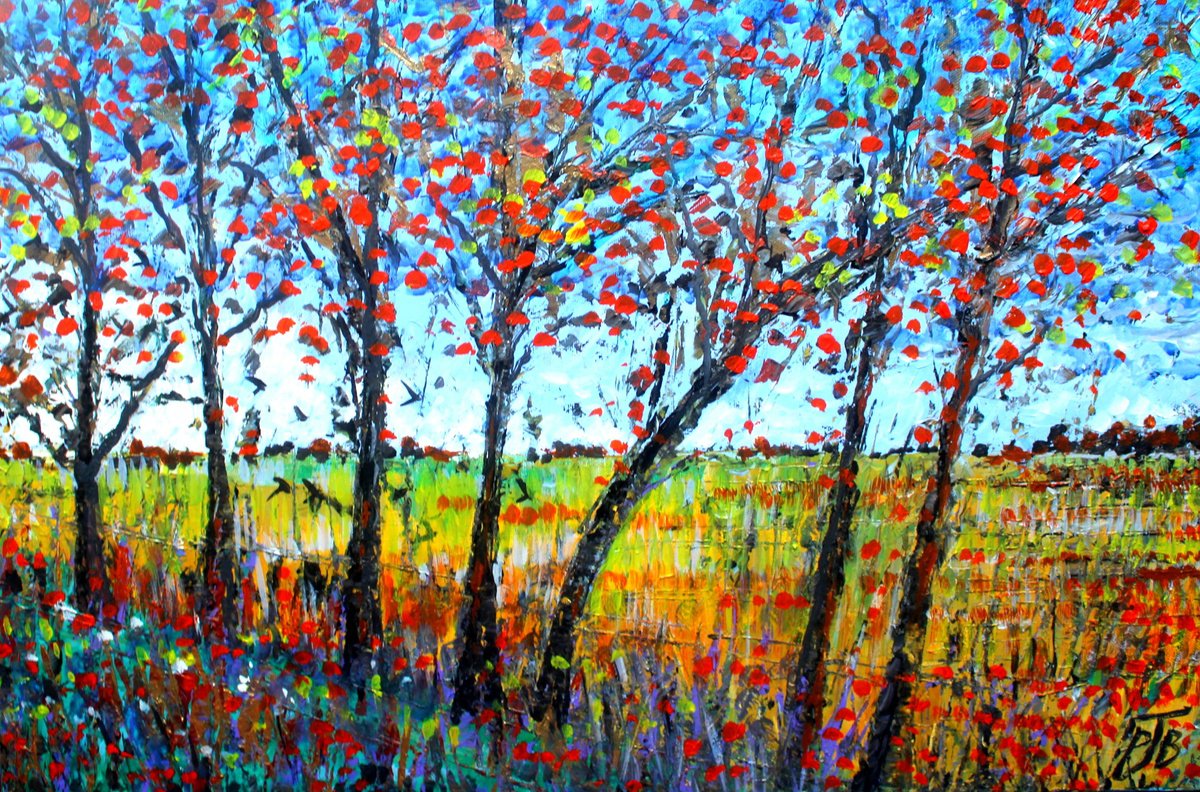 Impressionistic Landscape Acrylic Painting By Paul J Best, 24 X 16", Autumn Train To Winchester I, Original Artwork