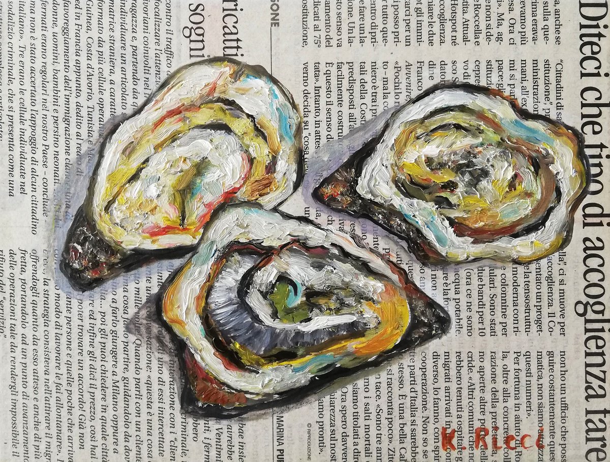 Oysters Original Painting Seafood Kitchen Still Life Coastal Art 8 by 6 (20x15 cm) by Katia Ricci