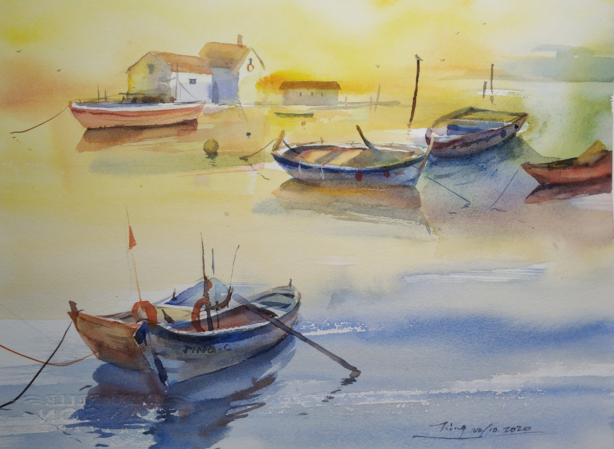 Impressionistic Landscape Watercolour By Jing Chen, 15 X 11, Boats 4, Original Artwork
