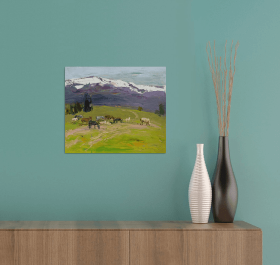 Cloudy day . Sheep in the mountains . Original oil painting
