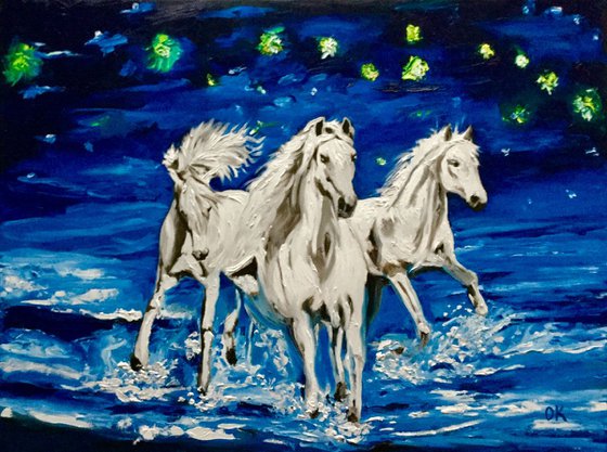 White horses running on the waves.