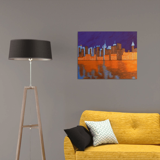 Midnight on the Hudson - New York cityscape on Hudson river evening reflections; home, office decor; gift idea