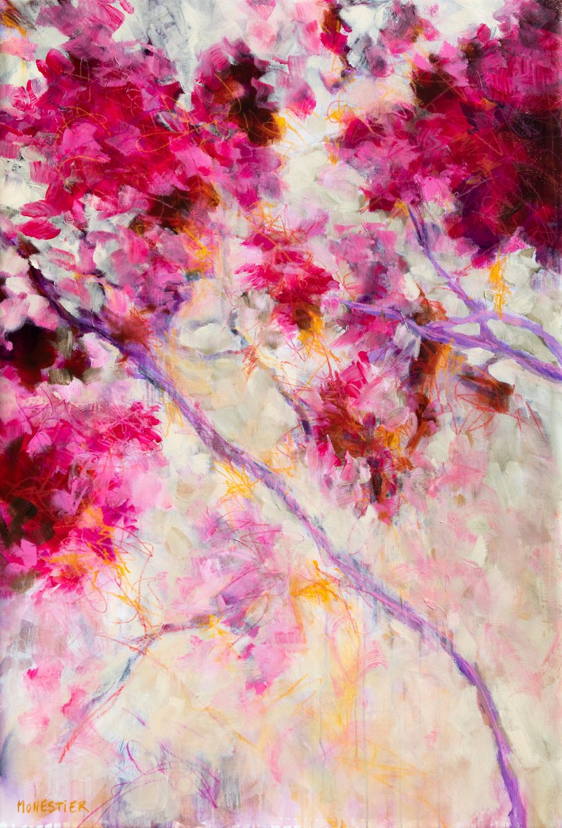 Impressionistic Botanical Acrylic Painting By Fabienne Monestier, 35 X 51, Pink And Red Floral Monet, Original Artwork