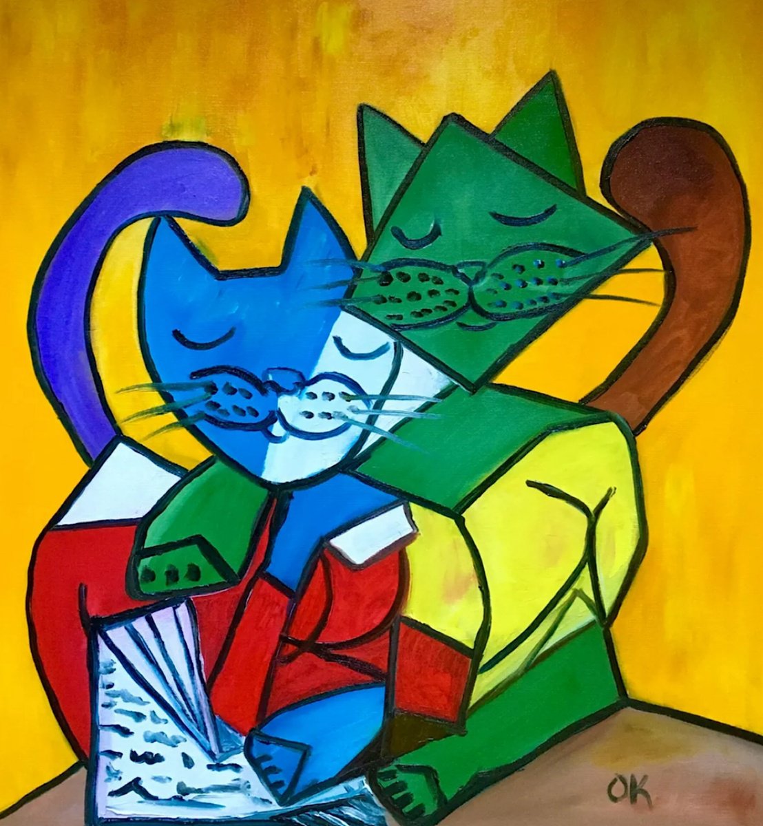 Expressive Animal Oil Painting By Olga Koval, 22 X 24", Cats Picasso, Original Artwork