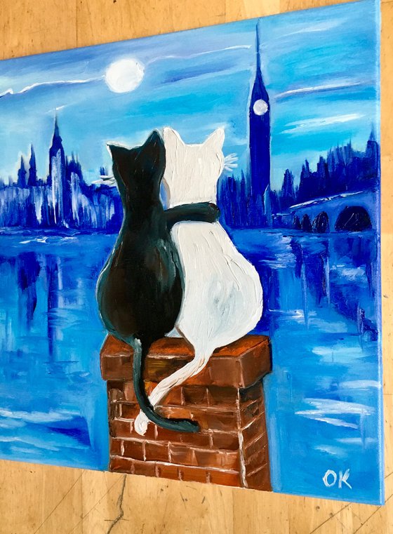 Cats in London. Mystic  night in London, Parliament.