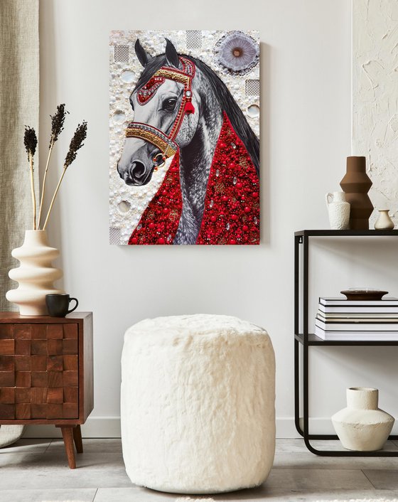 White horse in a red scarf