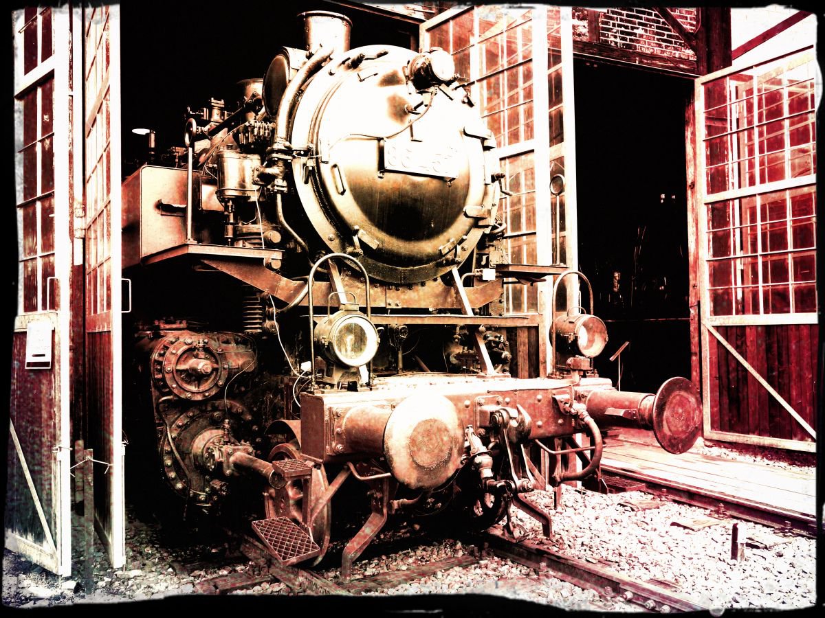 Old steam trains in the depot - print on canvas 60x80x4cm - 08515m3 by Kuebler