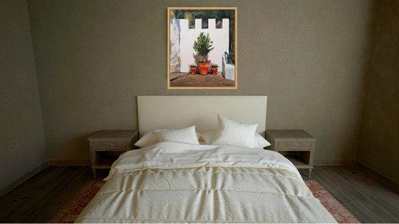 Spain Street Wall With Potted Flowers. Guadalest Castle, Spain.