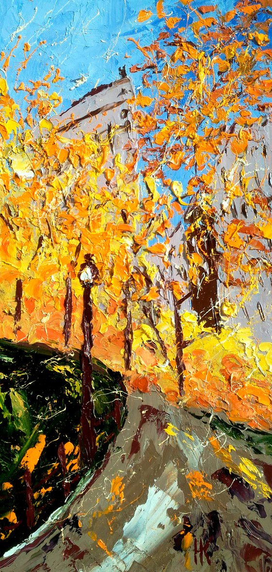 Central Park Painting Cityscape Original Art Fall NYC Oil Impasto Artwork New York Pallete Knife Wall Art 8 by 16" by Halyna Kirichenko