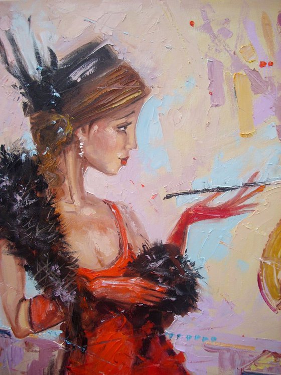 "  RETRO SOUND  " - original oil painting on canvas, gift, PALETTE KNIFe, LADY IN RED
