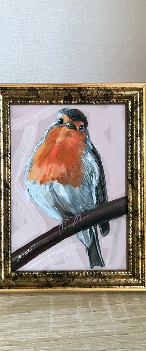 Robin bird Oil Painting framed 16x21cm by Leysan Khasanova