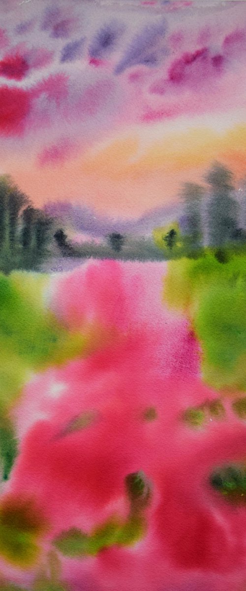 Sunset landscape painting, ORIGINAL watercolor painting, pink flowers wall art by Kate Grishakova