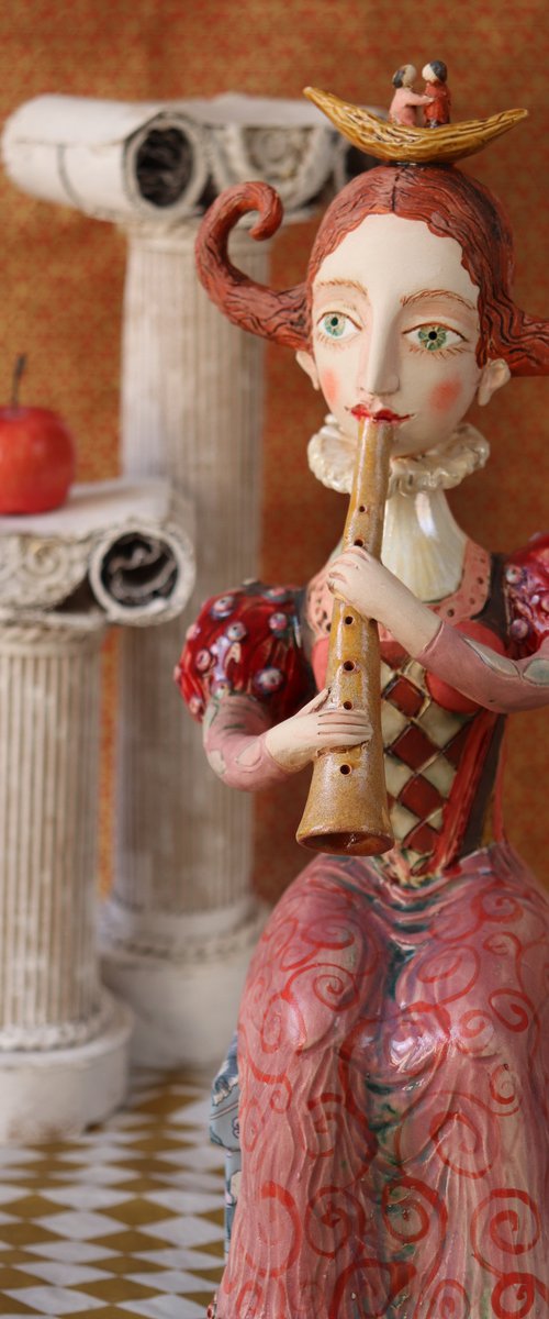Princess with twinbraid plaing a flute by Elya Yalonetski