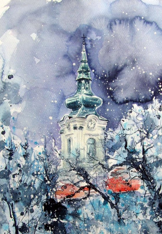 Serbian church at snowfall