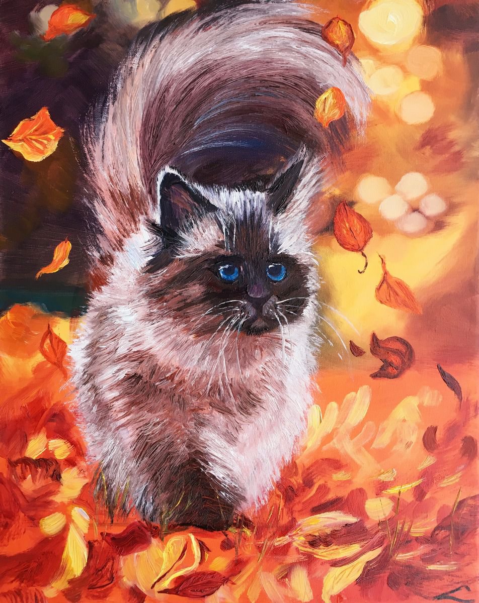 Impressionistic Animal Oil Painting By Elena Sokolova, 16 X 20, Autumn Cat, Original Artwork