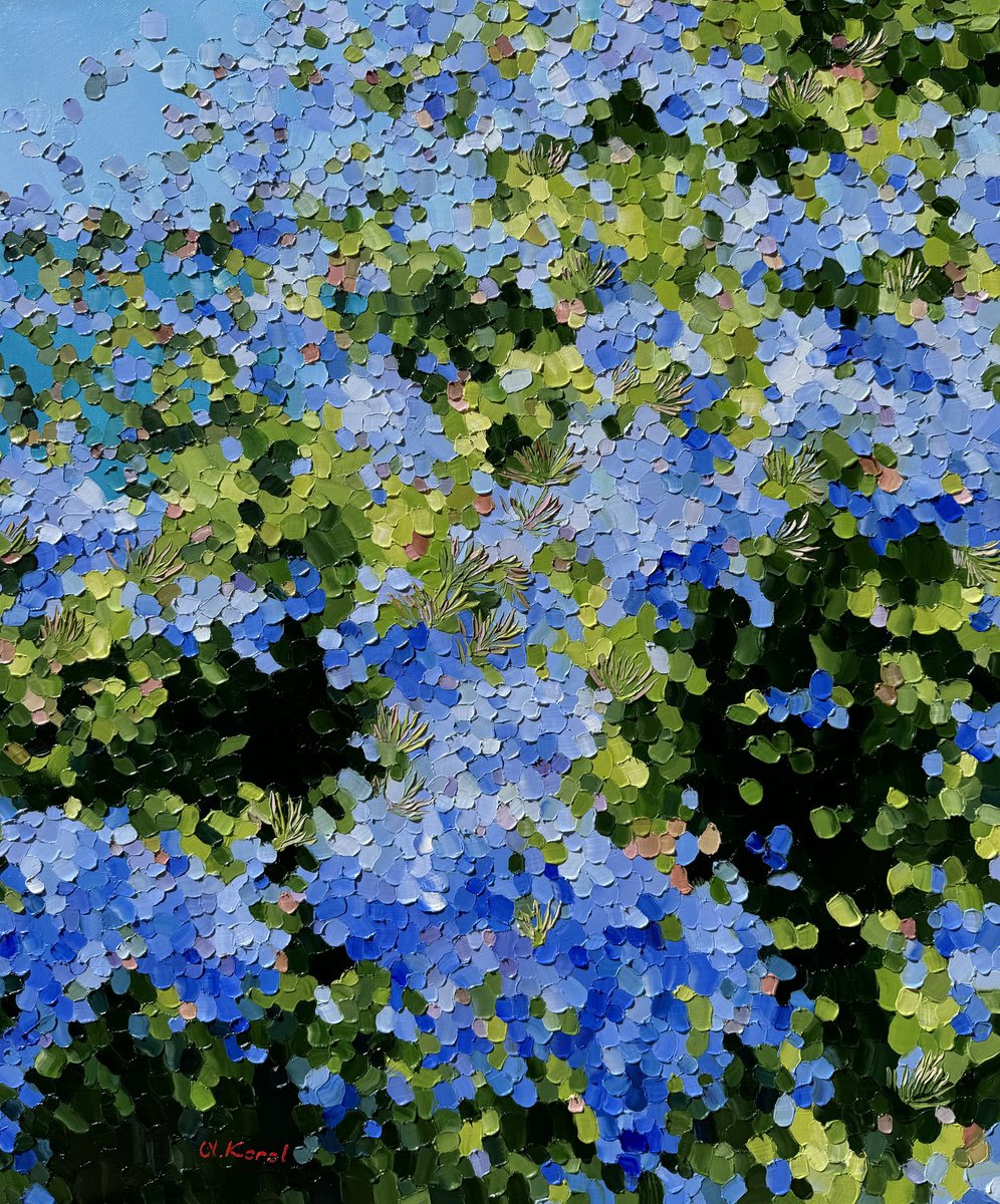 Impressionistic Botanical Oil Painting By Ulyana Korol, 21 X 26", Royal Blue Of Marbella, Original Artwork