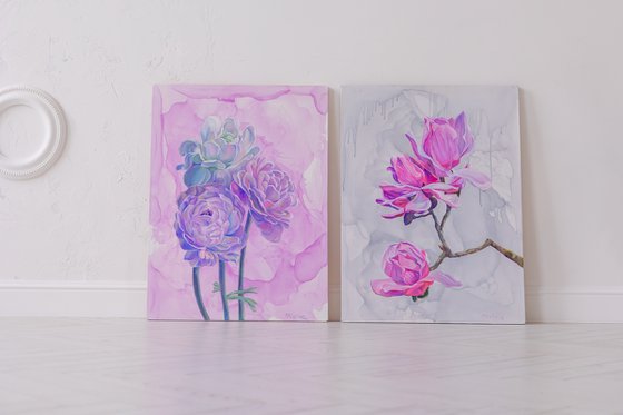 Triptych turquoise and pink
