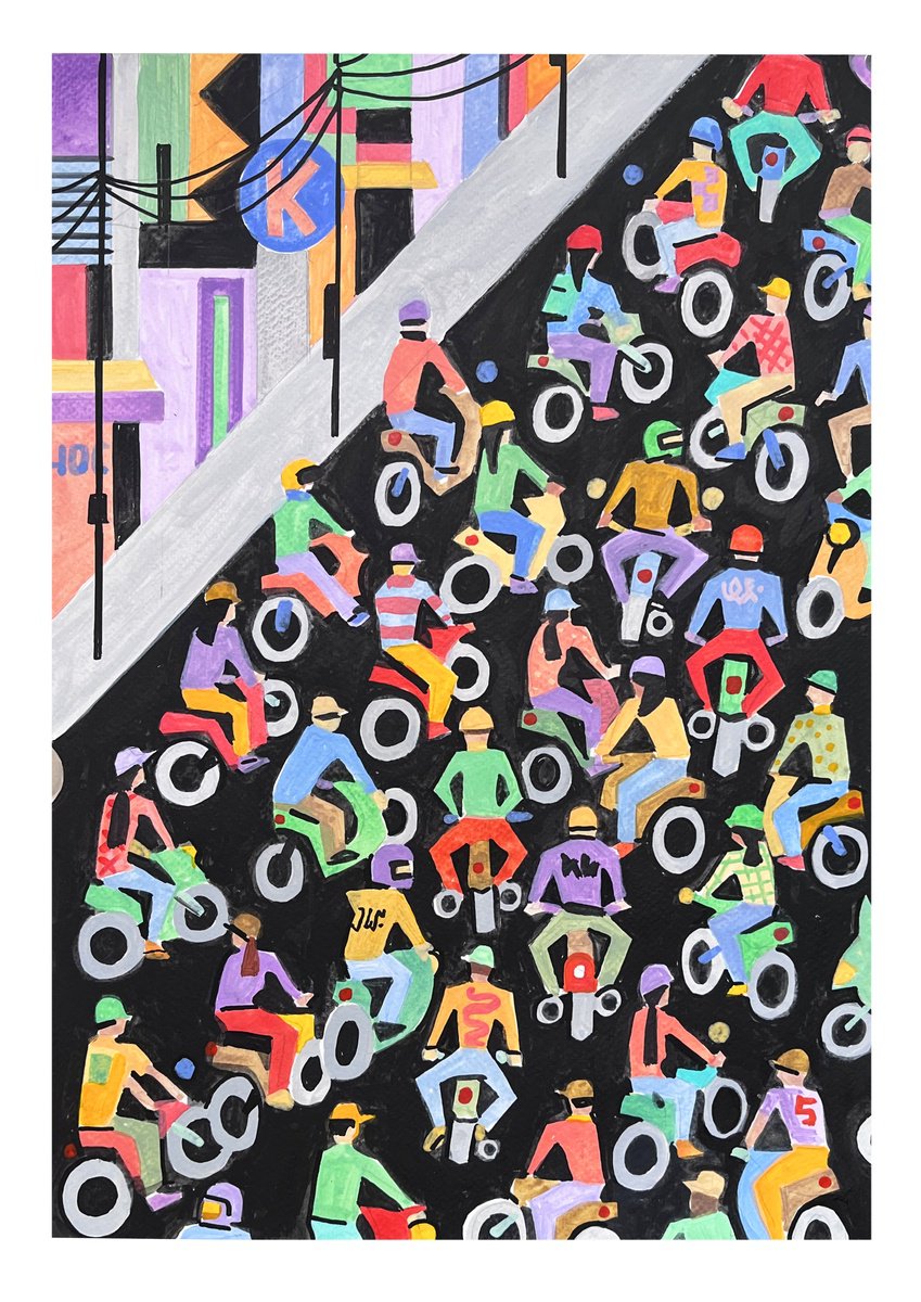 Urban And Pop Cityscapes Acrylic Painting By Andre Baldet, 13 X 18, Vietnam_Scooters-02, Original Artwork