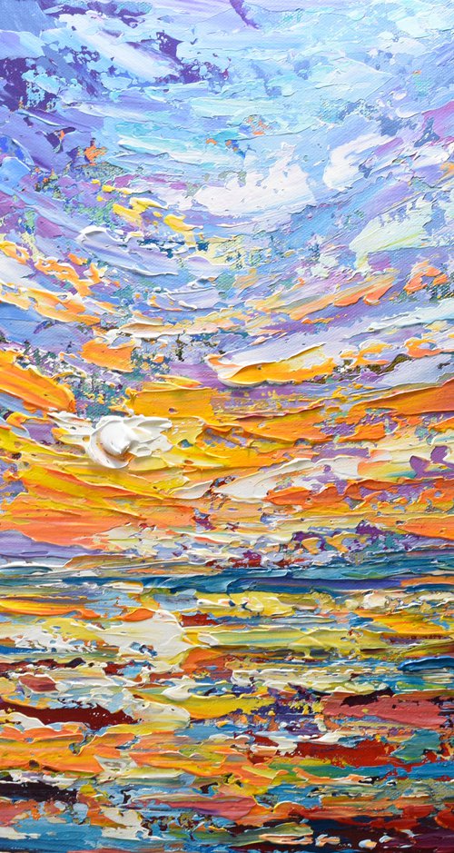 Lavender sky - Original Sunset Painting on Canvas, Heavy impasto seascape artwork by Olga Tkachyk