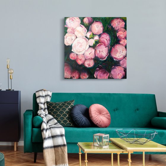 Blossoming Splendor: Pink Peonies Oil on Linen Canvas