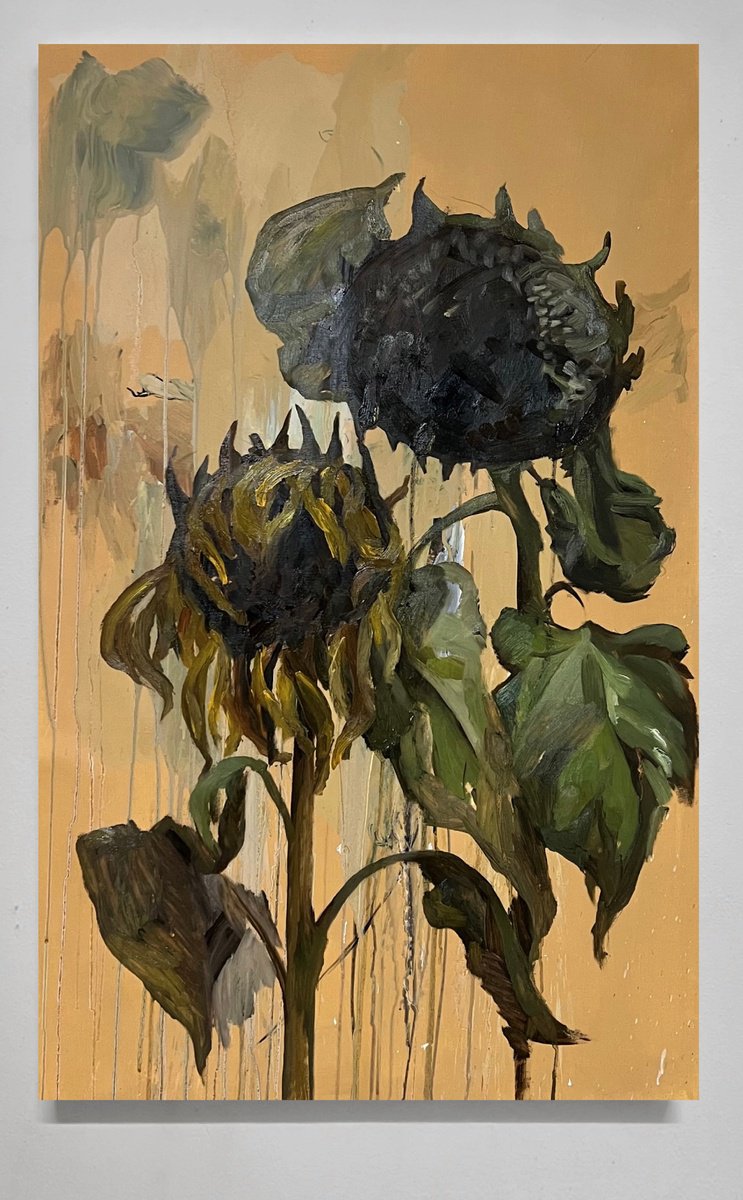 Impressionistic Botanical Oil Painting By Rosi Roys, 30 X 49", Sunflower 14, Original Artwork