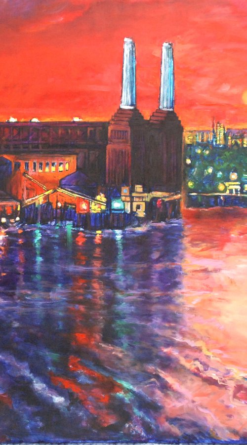 Red sunset behind Battersea Power Station large painting by Patricia Clements