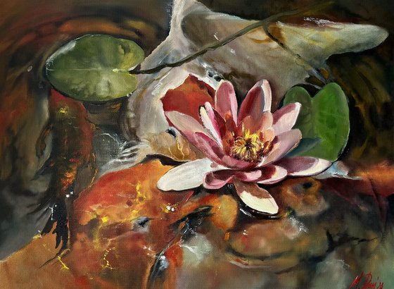 Koi Fish And Water Lily Original Oil Painting