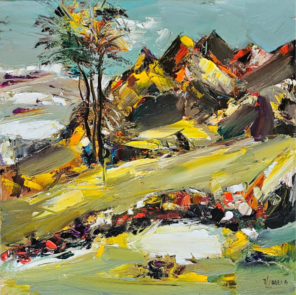 Abstract Landscape Oil Painting By Vlas Ayvazyan, 24 X 24", Rugged Heights, Original Artwork