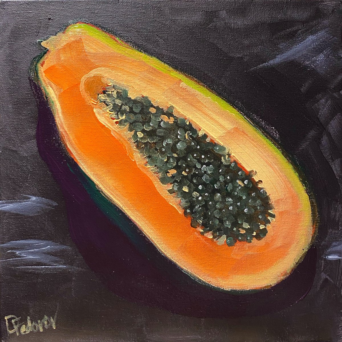 Impressionistic Still Life Acrylic Painting By Dmitry Fedorov, 10 X 10, Papaya. Still Life, Original Artwork