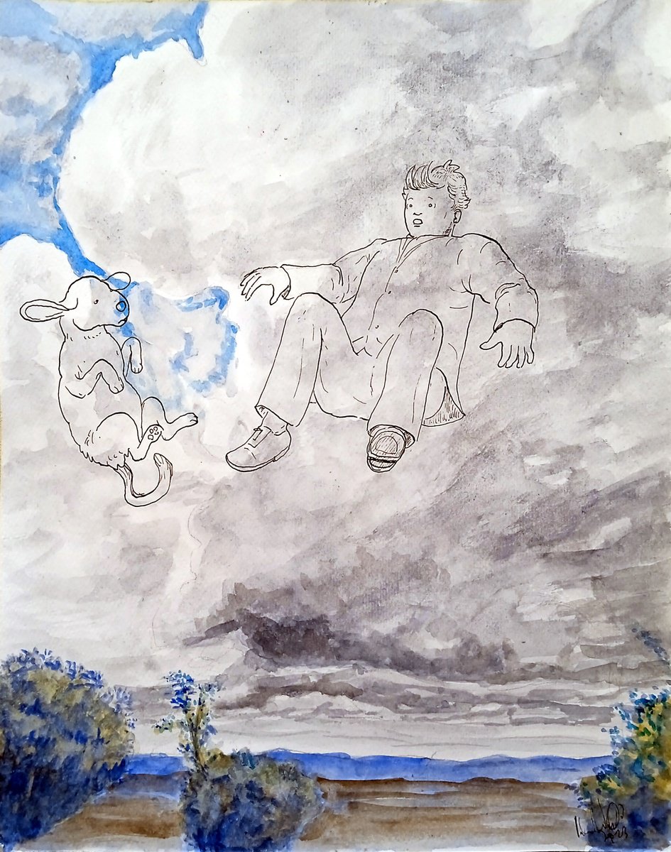 Illustrative Landscape Pastel Drawing By Paolo Beneforti, 9 X 12", Man In The Clouds, Original Artwork