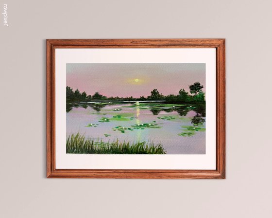 Water lily pond at pink sunset ! A4 Painting on paper