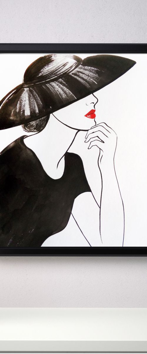A Fashion Lady in Big Black Ha by Olga Beliaeva Watercolour