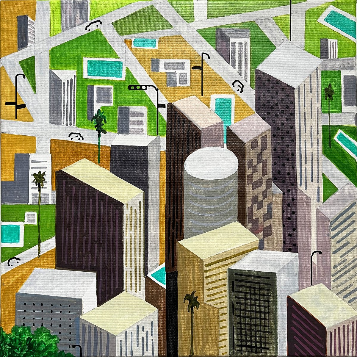 Urban And Pop Cityscapes Acrylic Painting By Andre Baldet, 16 X 16, Los_Angeles-Downtown-16C, Original Artwork