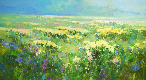 Summer field , Flowers Contemporary art, Original oil painting, One of a kind Signed with Certificate of Authenticity