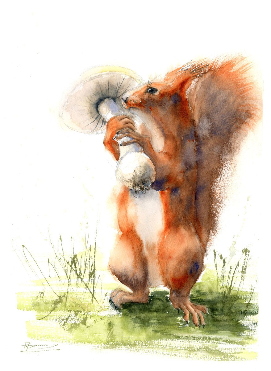 Illustrative Animal Watercolour By Olga Tchefranov (Shefranov), 11 X 15", Squirrel With Mushroom, Original Artwork