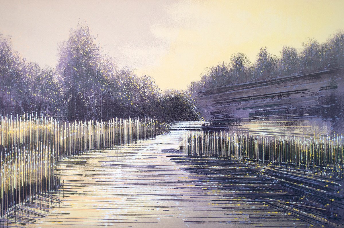 Impressionistic Landscape Acrylic Painting By Marc Todd, 30 X 20", Summer River At Dusk, Original Artwork