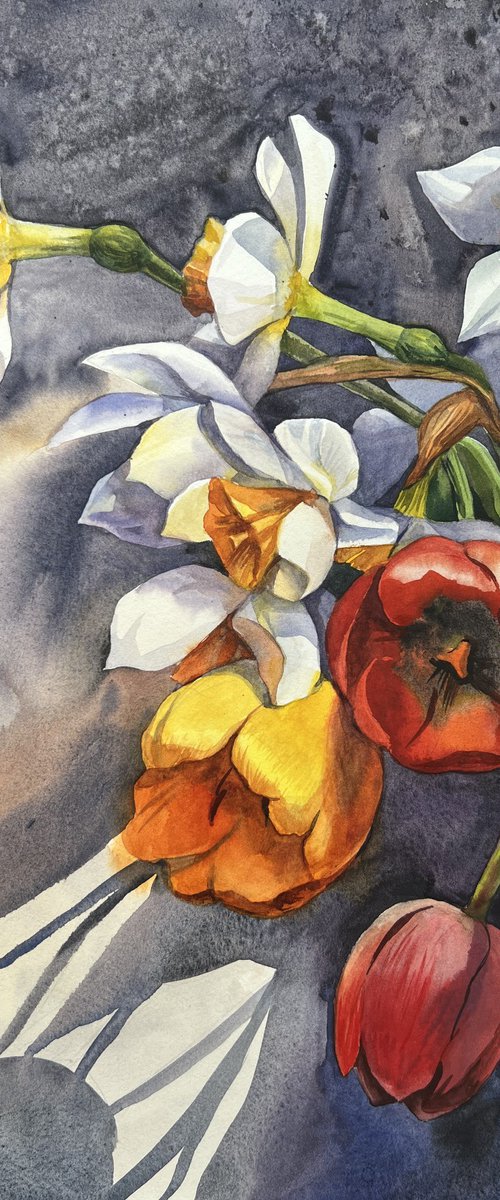 Tulips and daffodils. Flowers in a vase by Natalia Veyner
