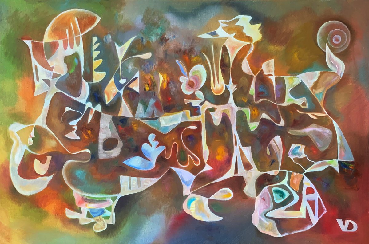 Surrealistic Abstract Oil Painting By Dina Volkova, 36 X 24, Bebop Orchestra, Original Artwork