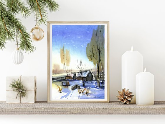 Winter sunset in the countryside original watercolor painting, snowy landscape